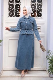 Dark Blue Denim Modest Dress Two-Piece Set 44652KM - 1