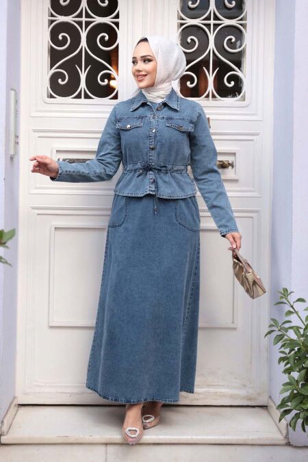 Dark Blue Denim Modest Dress Two-Piece Set 44652KM - NEVA STYLE