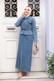 Dark Blue Denim Modest Dress Two-Piece Set 44652KM - 2