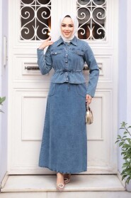 Dark Blue Denim Modest Dress Two-Piece Set 44652KM - 3