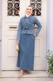 Dark Blue Denim Modest Dress Two-Piece Set 44652KM - 4