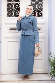 Dark Blue Denim Modest Dress Two-Piece Set 44652KM - 5