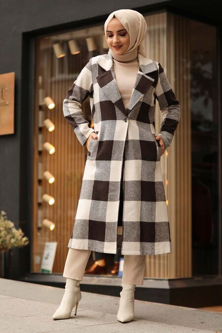 Dark Brown Hijab Coat 55891KKH - NEVA STYLE