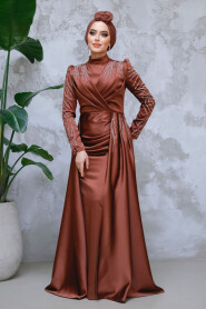 Dark Brown Modest Long Satin Dress 43381KKH - 2