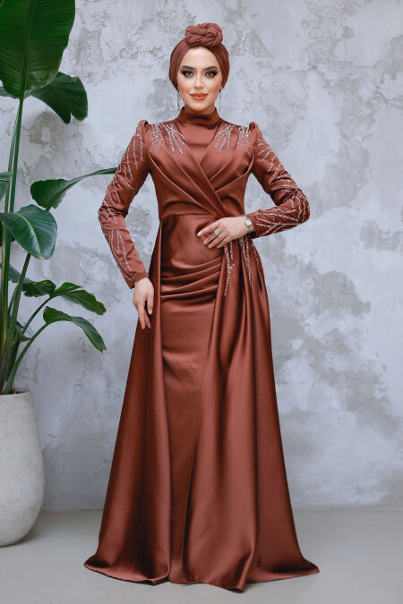 Dark Brown Modest Long Satin Dress 43381KKH - NEVA STYLE