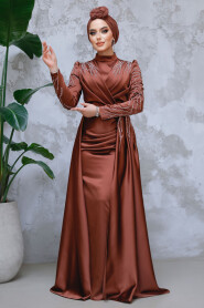 Dark Brown Modest Long Satin Dress 43381KKH - 3