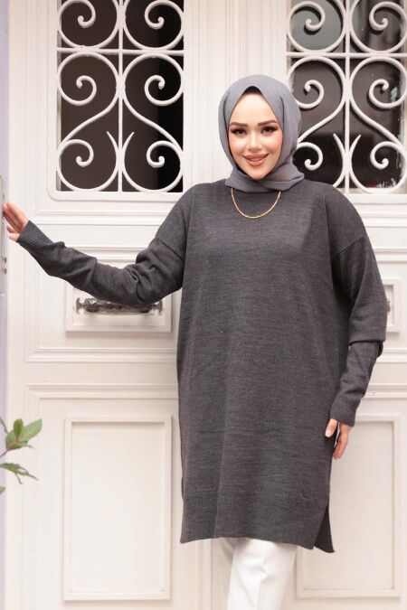 Dark Charcoal Knit Modest Sweater Tunic 17203KFU - NEVA STYLE