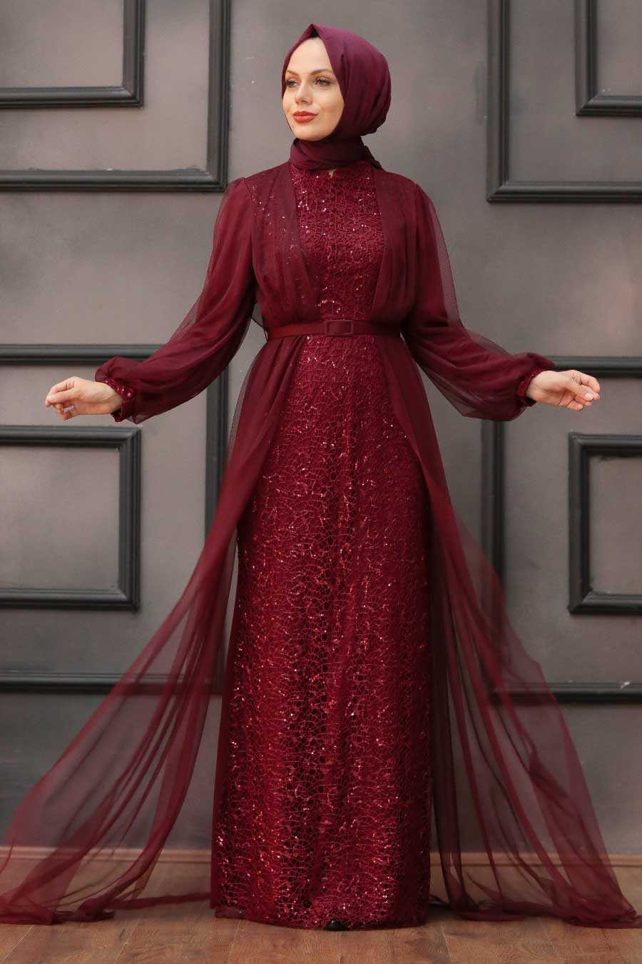 Neva Style - Luxorious Dark Claret Red Islamic Evening Gown 5383KBR