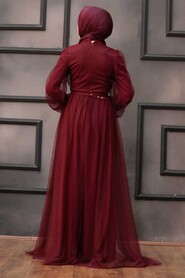 Neva Style - Luxorious Dark Claret Red Islamic Evening Gown 5383KBR - Thumbnail