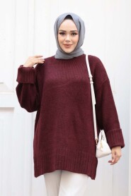 Dark Claret Red Knit Modest Sweater Tunic 87181KBR - 1