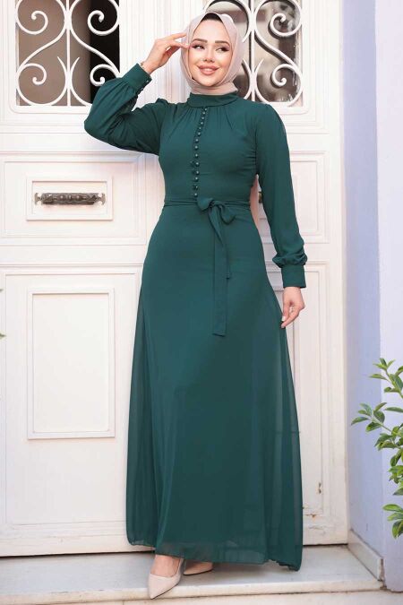 Dark Green Hijab Dress 2703KY - NEVA STYLE