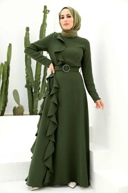 Stylish Dark Khaki Muslim Long Sleeve Dress 33010KHK - 1