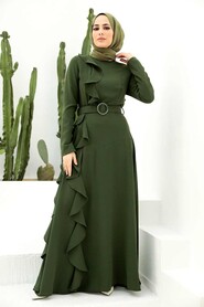 Stylish Dark Khaki Muslim Long Sleeve Dress 33010KHK - 2