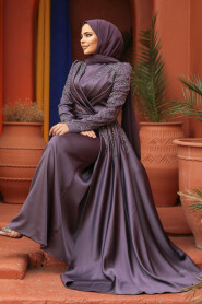 Dark Lila Modest Long Satin Dress 43381KLILA - 2