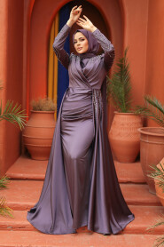 Dark Lila Modest Long Satin Dress 43381KLILA - 3