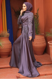 Dark Lila Modest Long Satin Dress 43381KLILA - 4