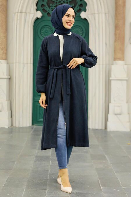 Dark Navy Blue Hijab Stamp Coat 5822KL - NEVA STYLE