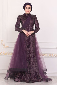 Dark Purple Hijab Evening Dress 40732MU - 2