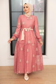 Dark Salmon Pink Hijab Dress 1216KSMN - 1