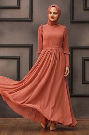 Dark Salmon Pink Hijab Evening Dress 40720KSMN - 2