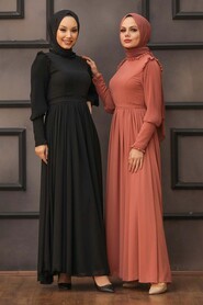 Dark Salmon Pink Hijab Evening Dress 40720KSMN - 3