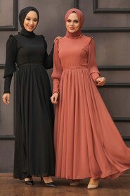 Dark Salmon Pink Hijab Evening Dress 40720KSMN - 4