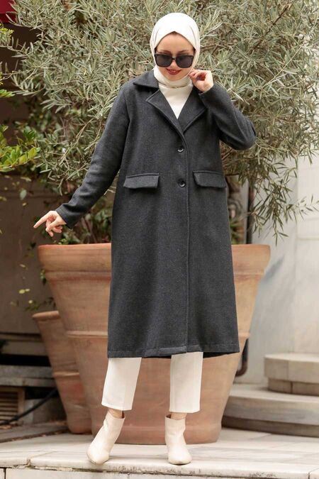 Dark Smoke Color Hijab Coat 56720KFU - NEVA STYLE