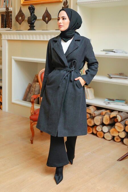 Dark Smoke Color Hijab Stamp Coat 70150KFU - NEVA STYLE