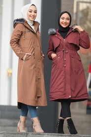 Dark Terra Cotta Hijab Parka Coat 90690KKRMT - 3