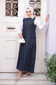 Denim Navy Modest Pinafore Dress 24121L - 2