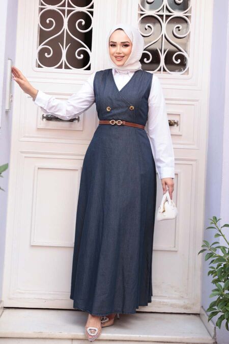Denim Navy Modest Pinafore Dress 24141L - NEVA STYLE