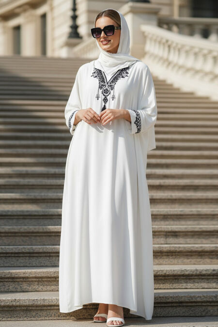 Patterned White Modest Dress 20201B - 