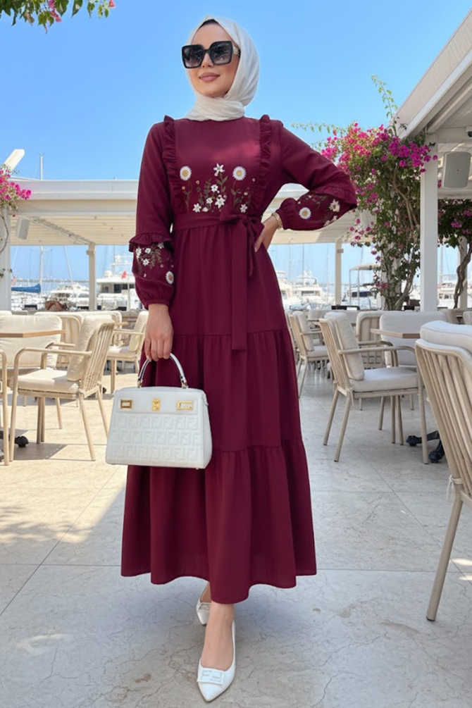 Patterned Claret Red Modest Dress 10327BR - 