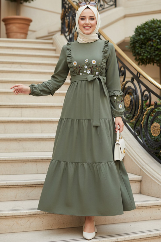 Patterned Almond Green Modest Dress 10327CY - 