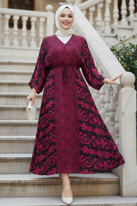 Patterned Fuchsia Modest Dress 21301F - 