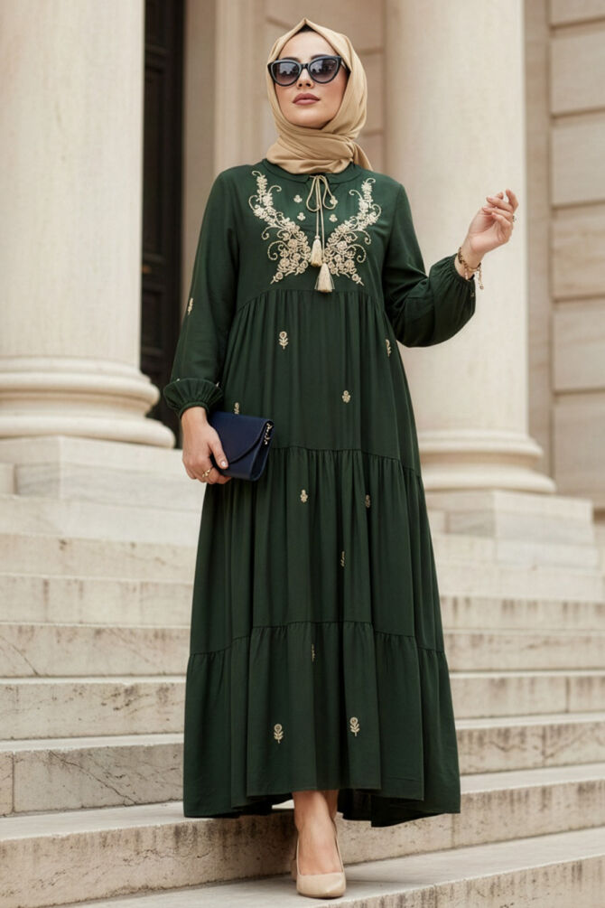 Patterned Khaki Modest Dress 21241HK - 