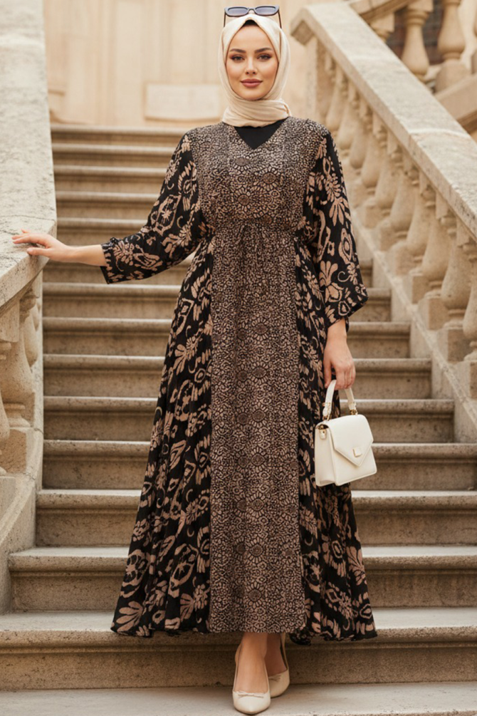 Patterned Brown Modest Dress 21301KH - 