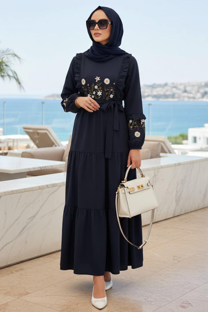 Patterned Navy Blue Modest Dress 10327L - 