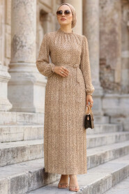 Patterned Pleated Mink Modest Dress 30303V - 2