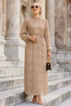 Patterned Pleated Mink Modest Dress 30303V - 1