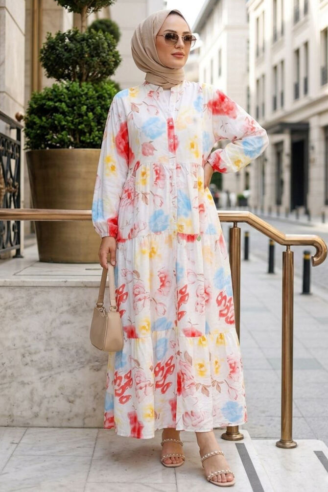 Patterned Powder Modest Dress 20626PD - 