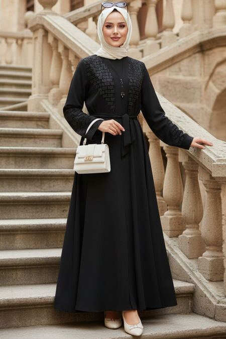 Patterned Black Modest Abaya 29137S - 
