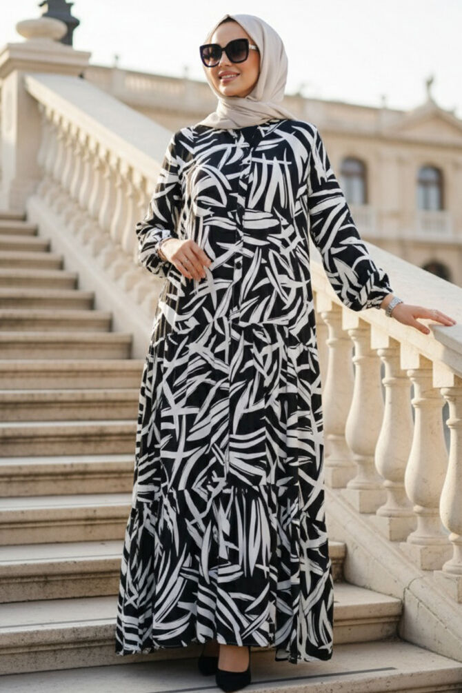 Patterned Black Modest Dress 20292S - 