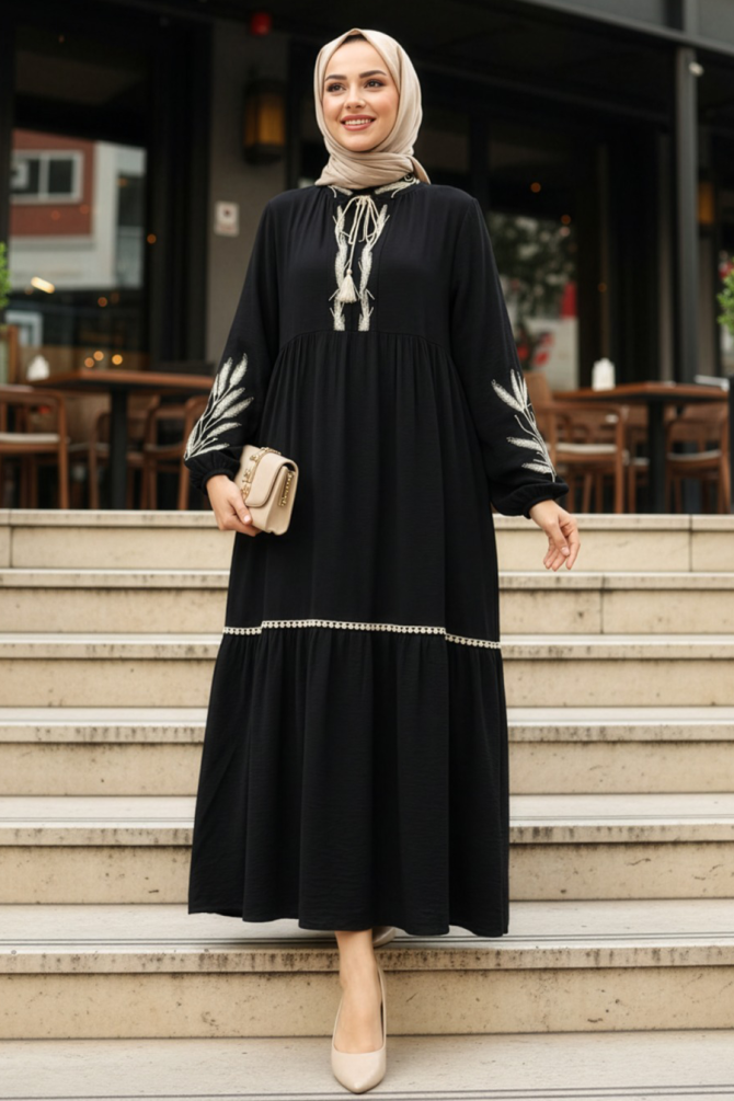 Patterned Black Modest Dress 20482S - 