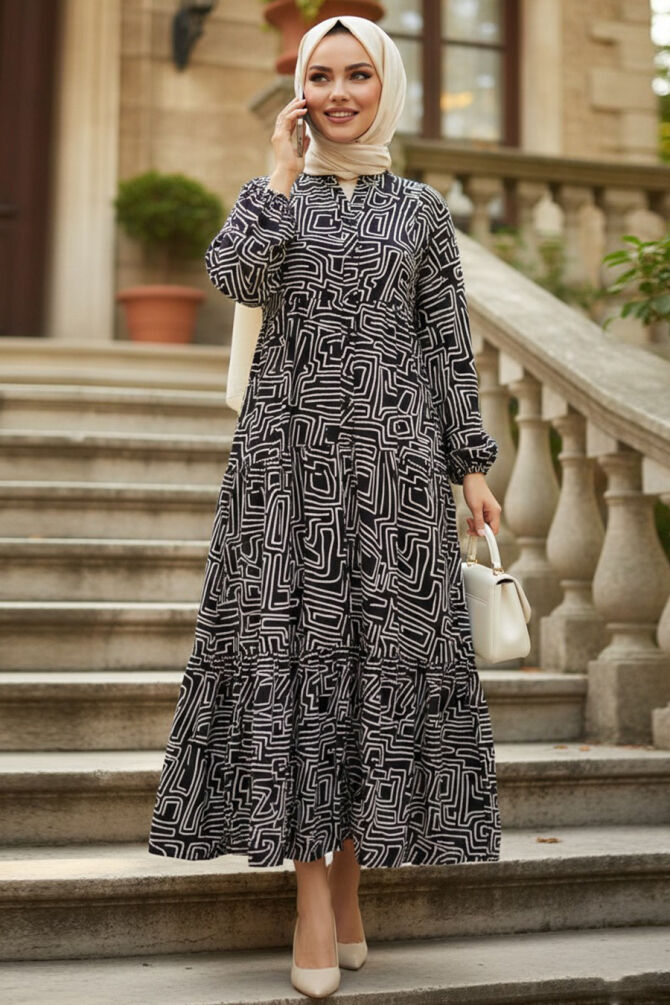 Patterned Black Modest Dress 30173S - 