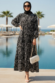 Patterned Black Modest Dress 30203S - 2