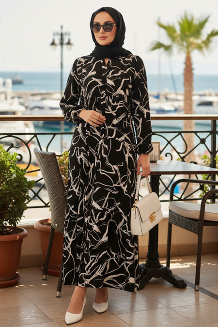Patterned Black Modest Dress 30247S - 