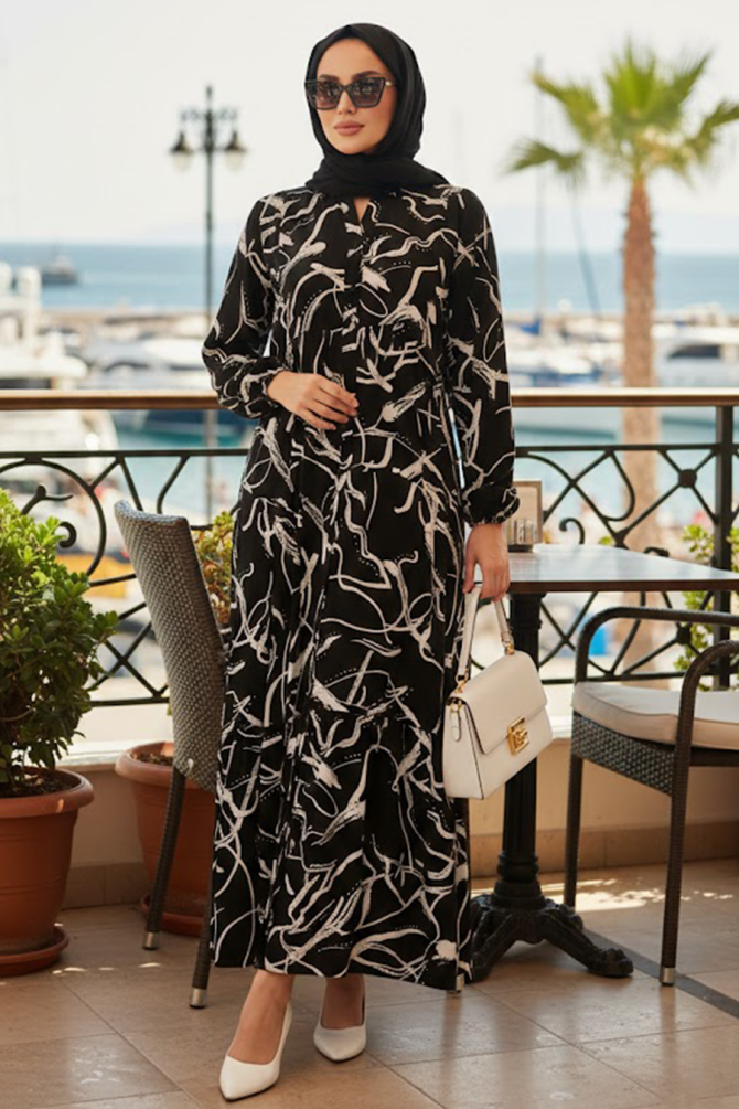 Patterned Black Modest Dress 30247S - 