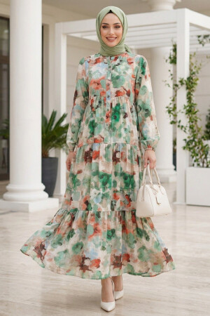 Patterned Green Modest Dress 20621Y - 1