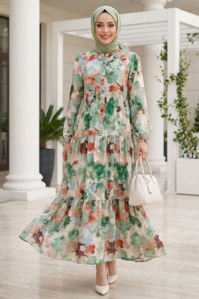 Patterned Green Modest Dress 20621Y - 